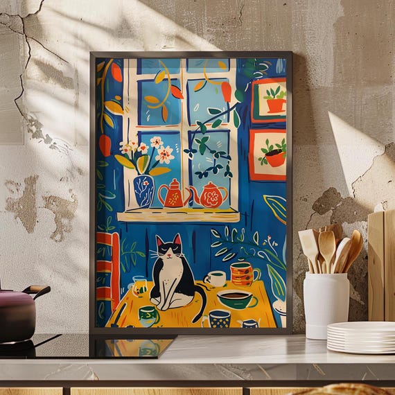 Kitchen Black Cat Blue Wall Art Poster Or Canvas Print And White Botanical Dining Room Decor Retro Style Colorful