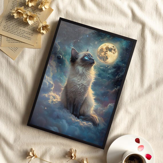 Birman Cat In Space Oil Painting Mystical Art Poster Or Canvas Print On The Clouds Moon Gazing Dark Moody Wall Whimsigoth