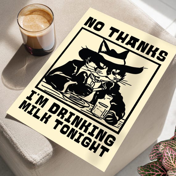 Funny Cowboy Black Cat Drinking Milk Art Print Or Canvas Posters Vintage Im Tonight Kitchen Poster