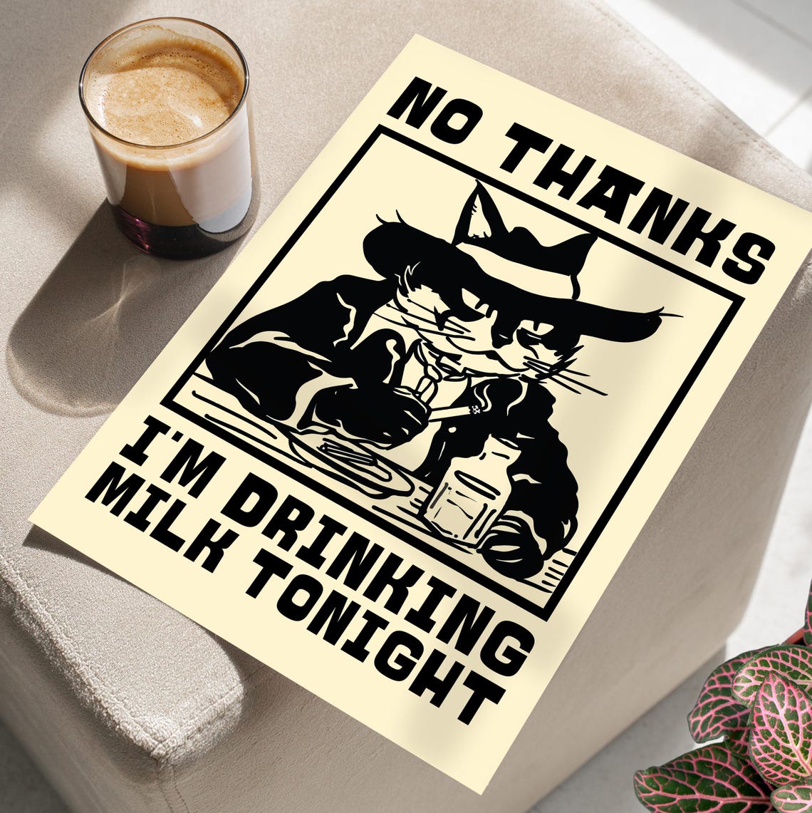 Funny Cowboy Black Cat Drinking Milk Art Print Or Canvas Posters Vintage Im Tonight Kitchen Poster
