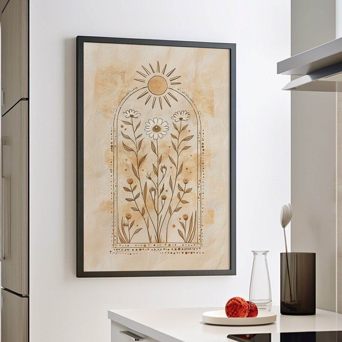 Sun And Sunflower Botanical Line Art Boho Mystical Floral Poster