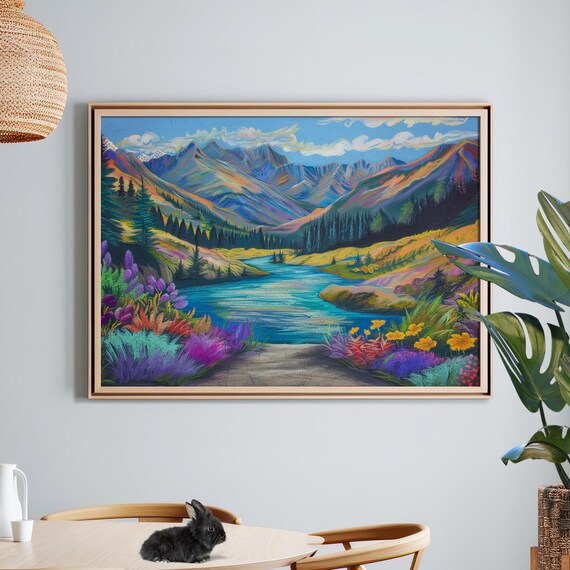 Vibrant Mountain River Valley Wildflower Field Landscape Poster