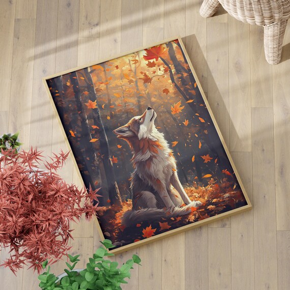 Majestic Wolf In Dark Autumn Forest Falling Leaves Art Poster