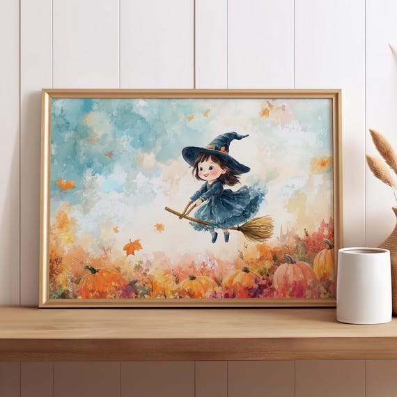 Cute Baby Witch Flying On A Broomstick Over Pumpkin Patch Watercolor Poster Or Canvas Print Whimsical Little Halloween Nursery Art