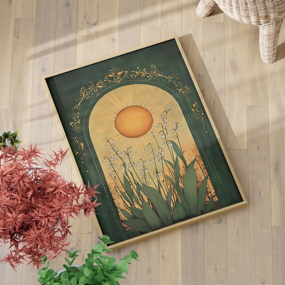 Lily Of The Valley And Sun Art Nouveau Print Poster Or Canvas Emerald Green Botanical Folk Wall Mystical Boho Floral Illustration