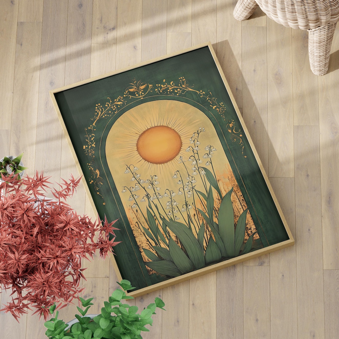 Lily of the Valley Golden Sun Art Nouveau Emerald Botanical Poster