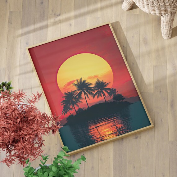 Tropical Island Sunset Palm Silhouette Red Ocean Sky Art Poster