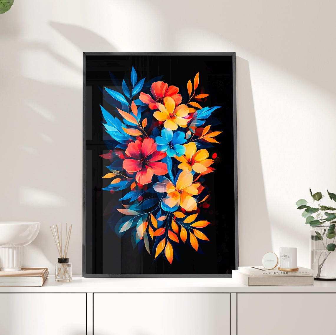Vivid Tropical Bouquet on Black Modern Bold Floral Art Poster