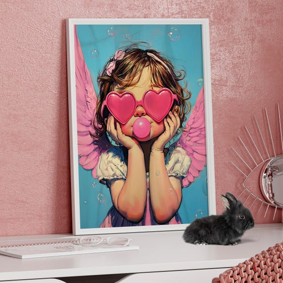 Cute Pink Cupid Oil Painting Poster Or Canvas Print Retro Angel Wall Decor Whimsical Valentines Pastel Romantic Illustration