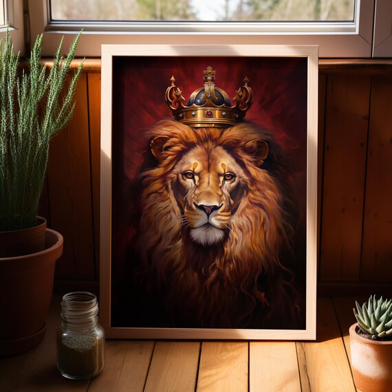 Classy And Elegant Lion With A Golden Crown Wall Art Print Or Canvas Painting Decor Realistic Animal Poster Man Cave
