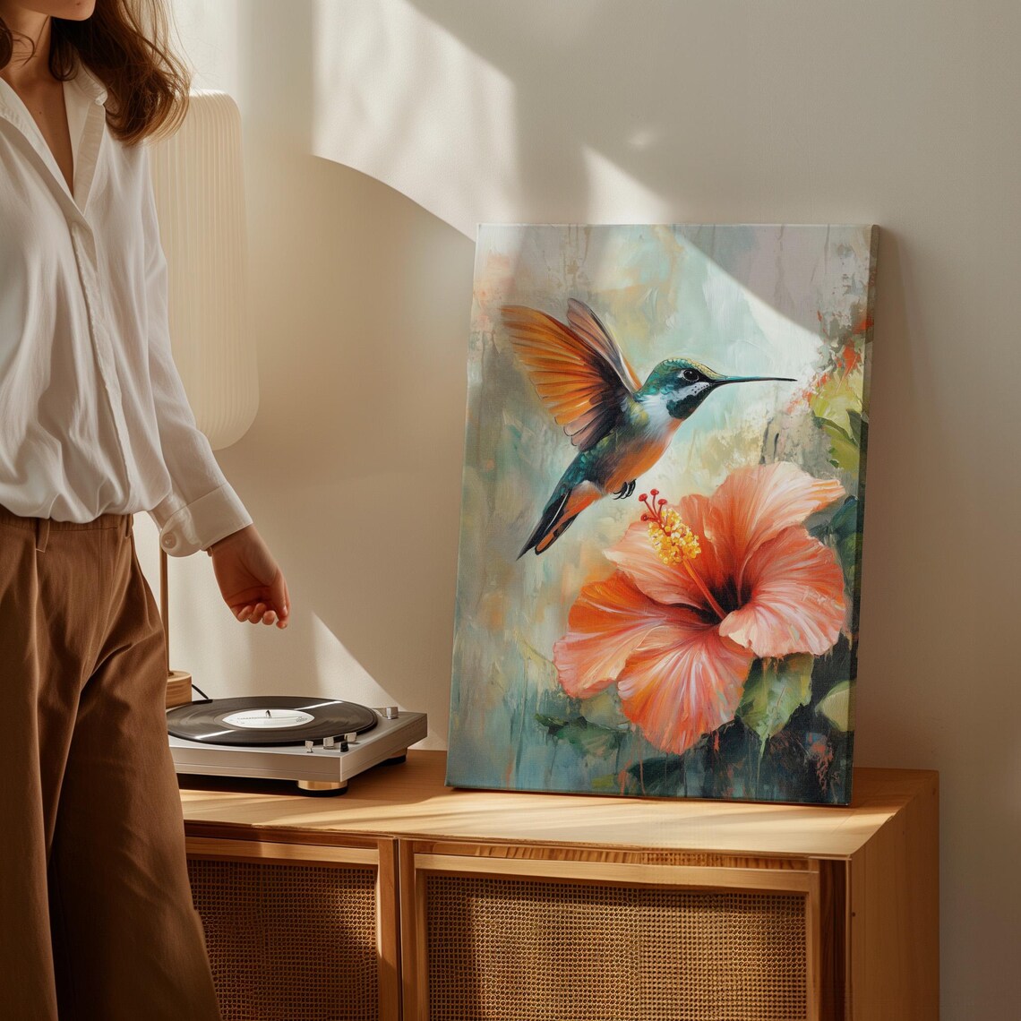 Hummingbird and Hibiscus Flower Watercolor Tropical Bird Art Poster - Image 3