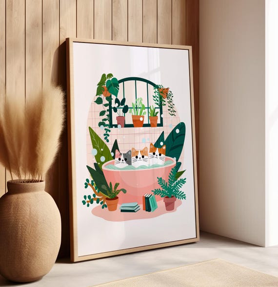 Cats In The Bathtub Bubble Bath Illustration Wall Poster Or Canvas Print Cute Bathroom Decor Cat Botanical Art Minimalist