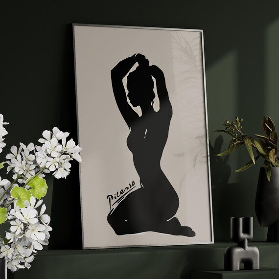Picasso Style Black Silhouette Lady Kneeling Beige Minimalist Poster