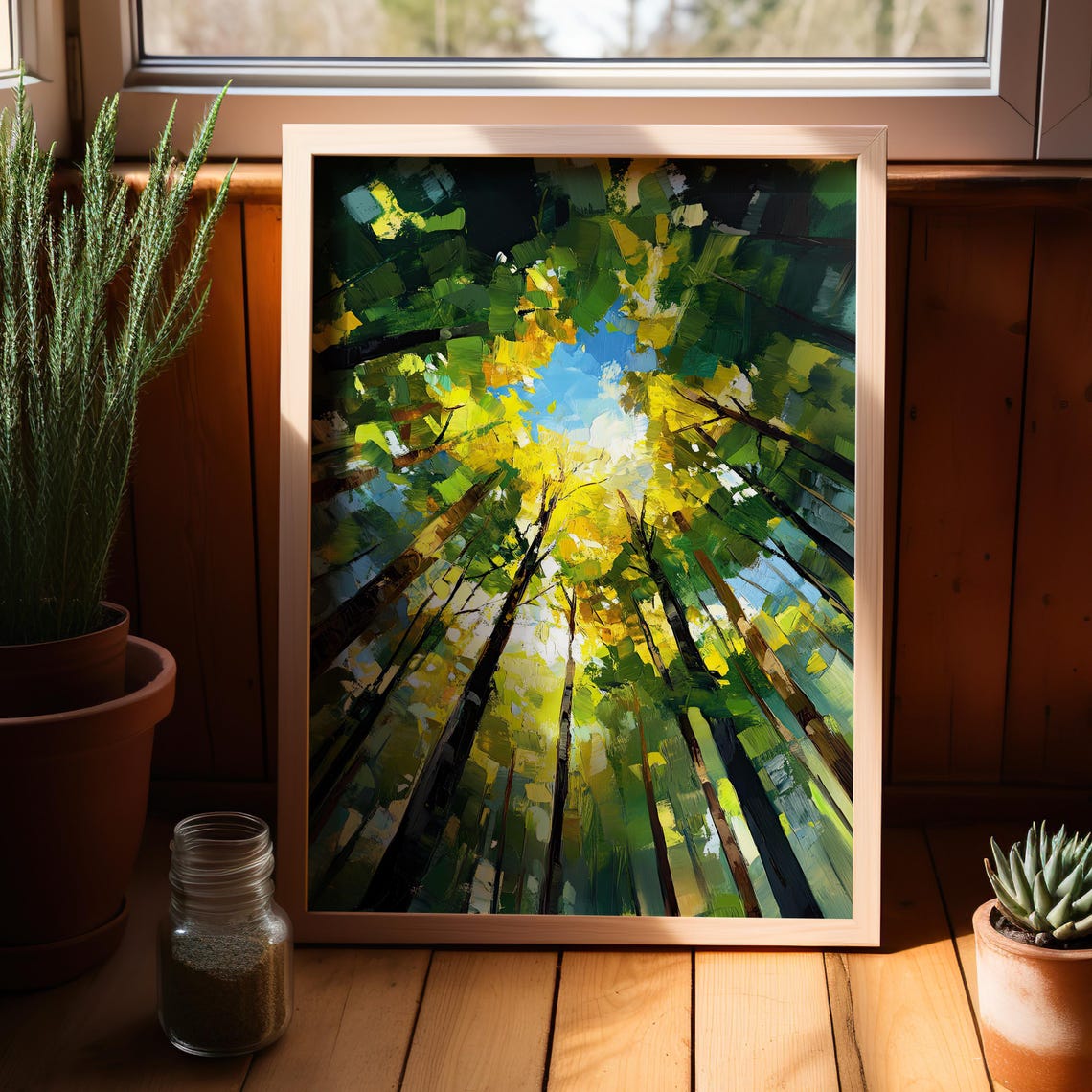 Abstract Forest Canopy Oil Painting Poster Or Canvas Impressionist Sunlit Trees Wall Art Vibrant Nature Sky View Decor