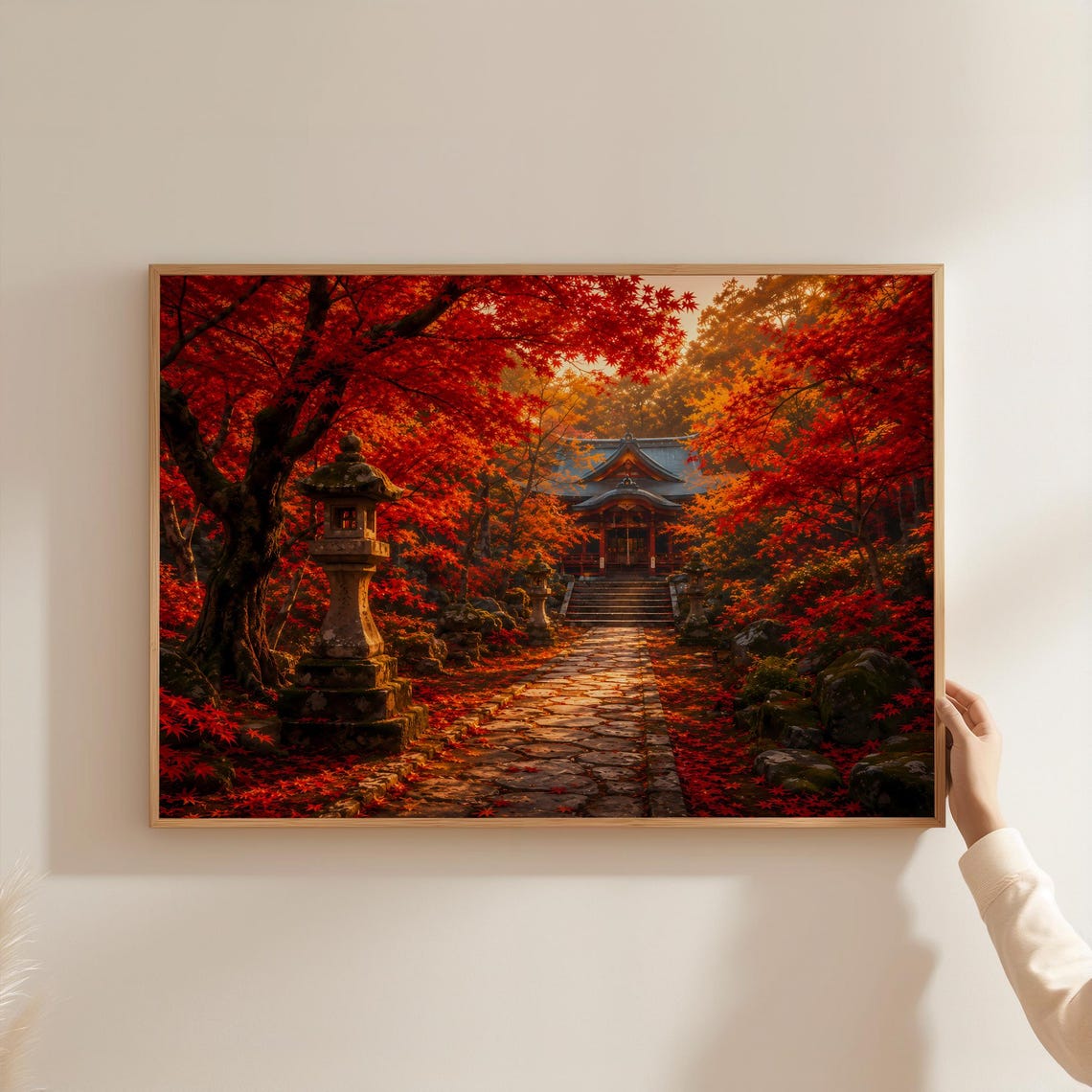 Japanese Temple Autumn Red Maple Forest Stone Path Zen Poster