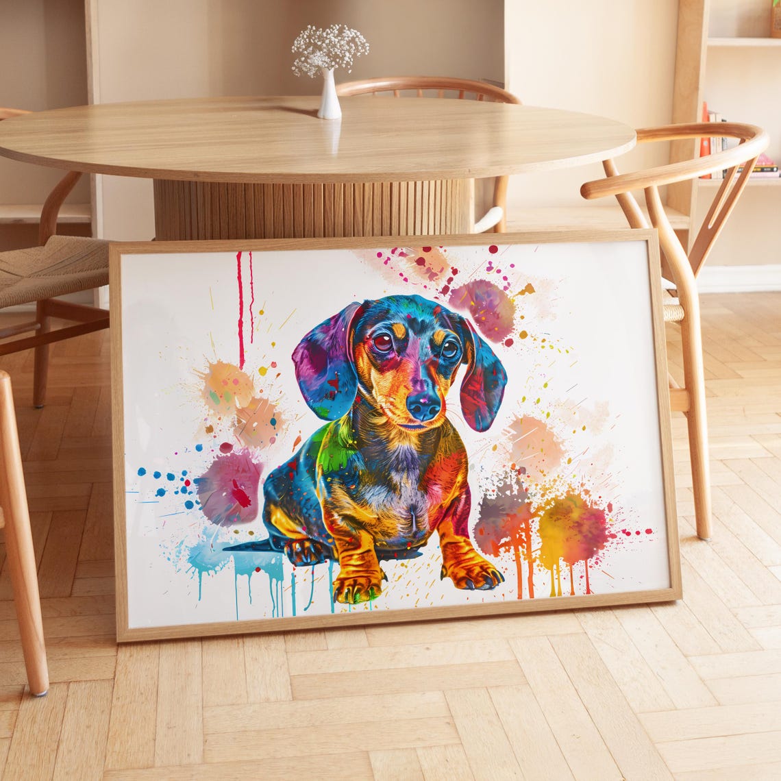 Colorful Watercolor Dachshund Dog Paint Splash Pet Portrait Wall Art