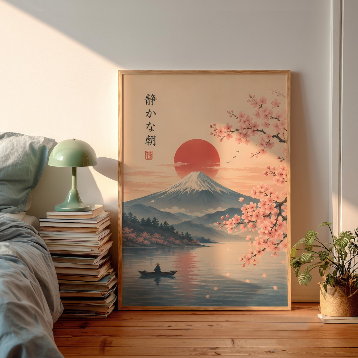 Mount Fuji Cherry Blossom Japandi Sunrise Poster Fisherman Lake