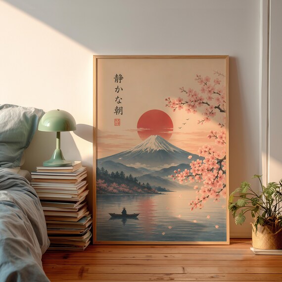 Japandi Style Cherry Blossom Art Print Mount Fuji Fisherman Boat Poster Zen Minimalist Bedroom Wall Decor Retro Japan Travel Gift