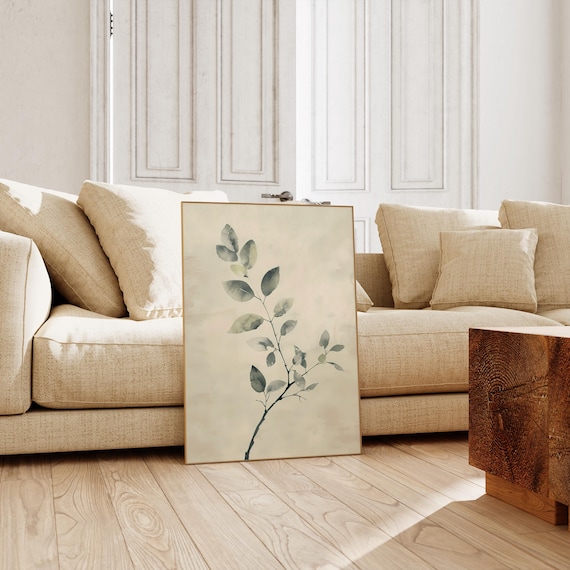 Minimalist Sage Green Watercolor Leaves Branch Neutral Art Poster