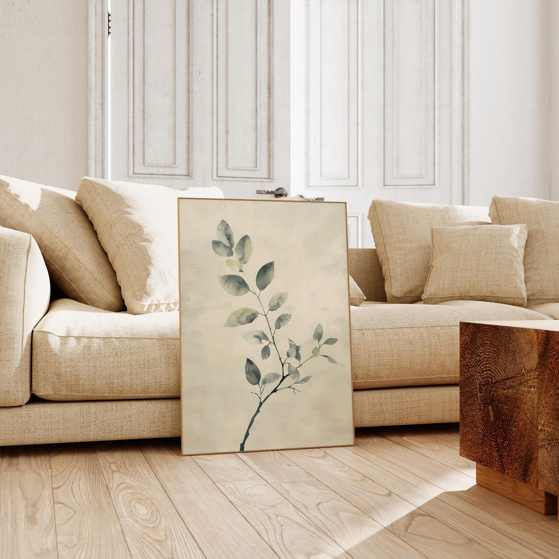 Minimalist Sage Green Watercolor Leaves Branch Neutral Art Poster