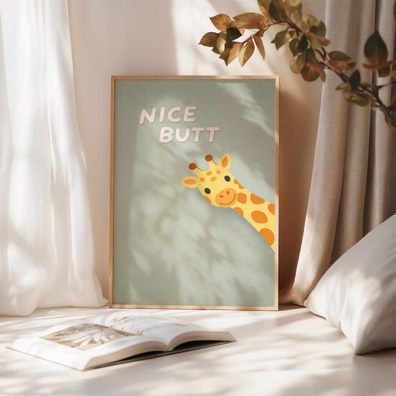 Giraffe Poster Download Funny Animal Minimalist Printable With The Wordplay Nice Butt Modern Wall Decor Humor