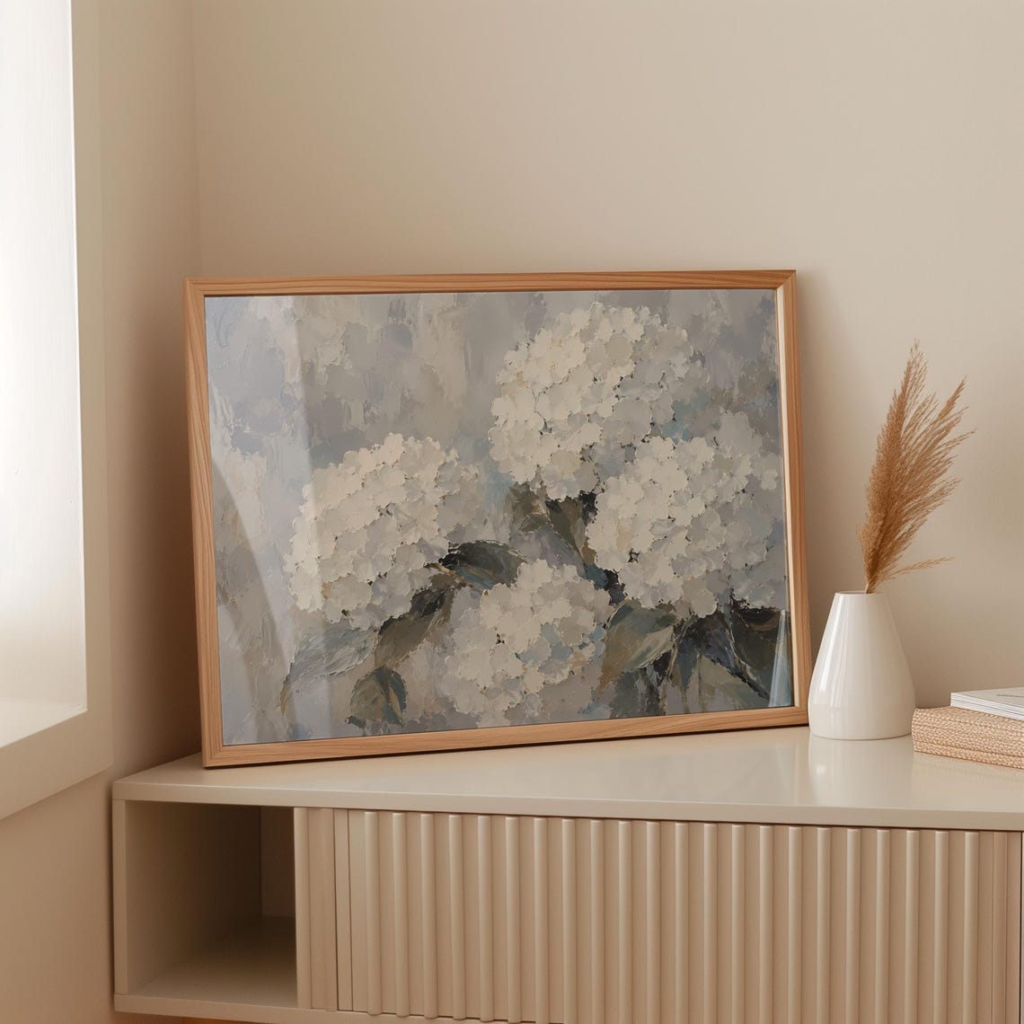 White Hydrangea Impasto Painting Textured Floral Botanical Art Poster