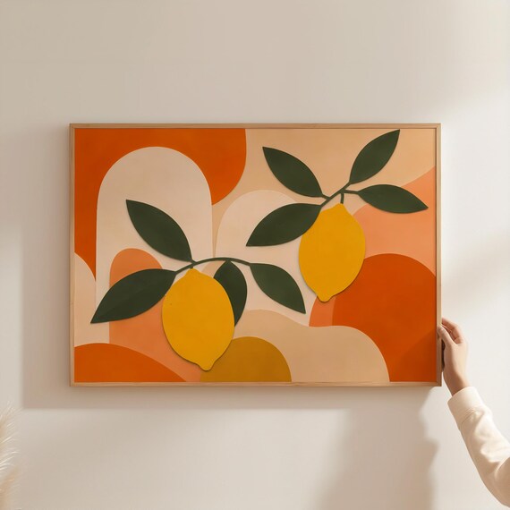 Abstract Lemon Art Print Mediterranean Kitchen Decor Terracotta Wall Mid Century Fruit Poster Aesthetic Botanical Summer