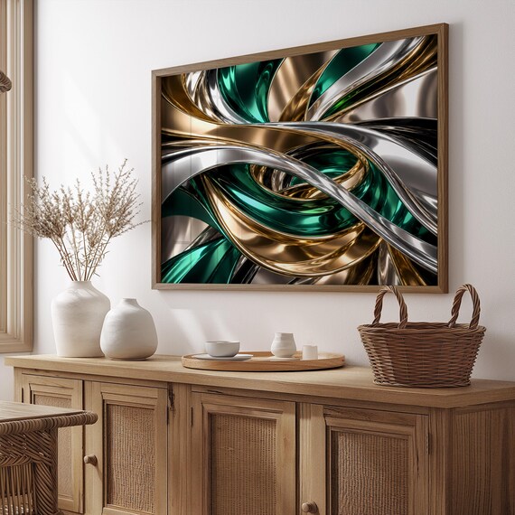 Digital Download Emerald Green Gold Art Luxury Liquid Metal Printable Chrome Metallic Swirl Abstract Print File Modern Wall Decor