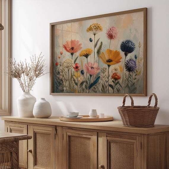 Digital Download Textured Floral Art Printable Wildflower Poster File Impasto Botanical Painting Print Neutral Warm Tone Meadow Decor