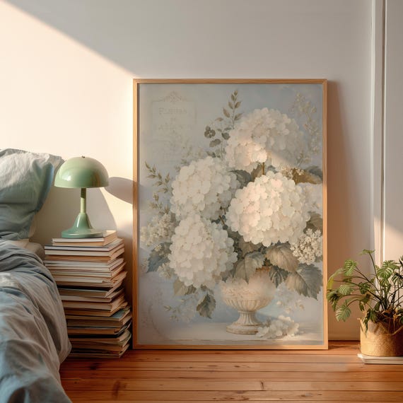 White Hydrangea Poster French Country Wall Art Vintage Floral Urn Print Fleurs De La Maison Decor Cottagecore Botanical