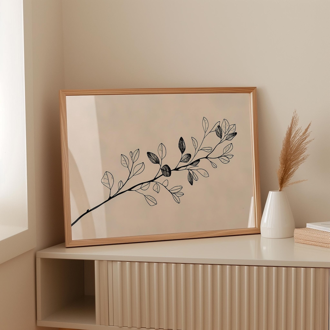 Delicate Leafy Branch Line Drawing Poster Minimal Black Botanical Twig Art