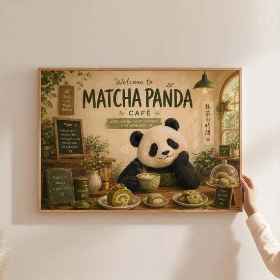 Danish Pastel Matcha Panda Typography Poster Cute Bear Green Tea Wall Art Whimsical Cafe Illustration Print Sage Decor