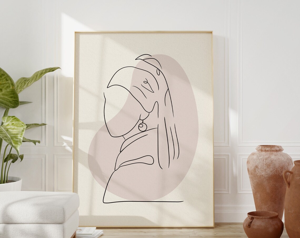 Girl With Pearl Earring Continuous Line Art Minimalist Beige Art Print