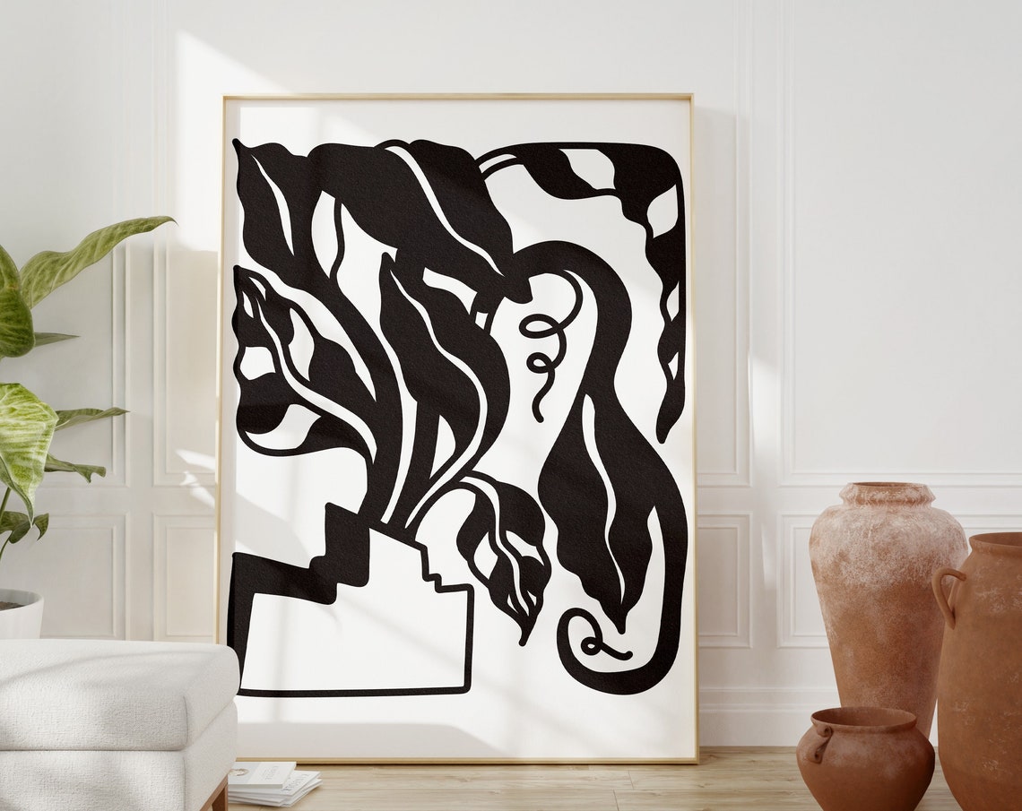 Bold Black Botanical Leaf Silhouette Abstract Minimalist Art Poster