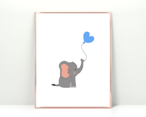 Baby Elephant with Blue Heart Balloon Soft Gray Nursery Art Poster