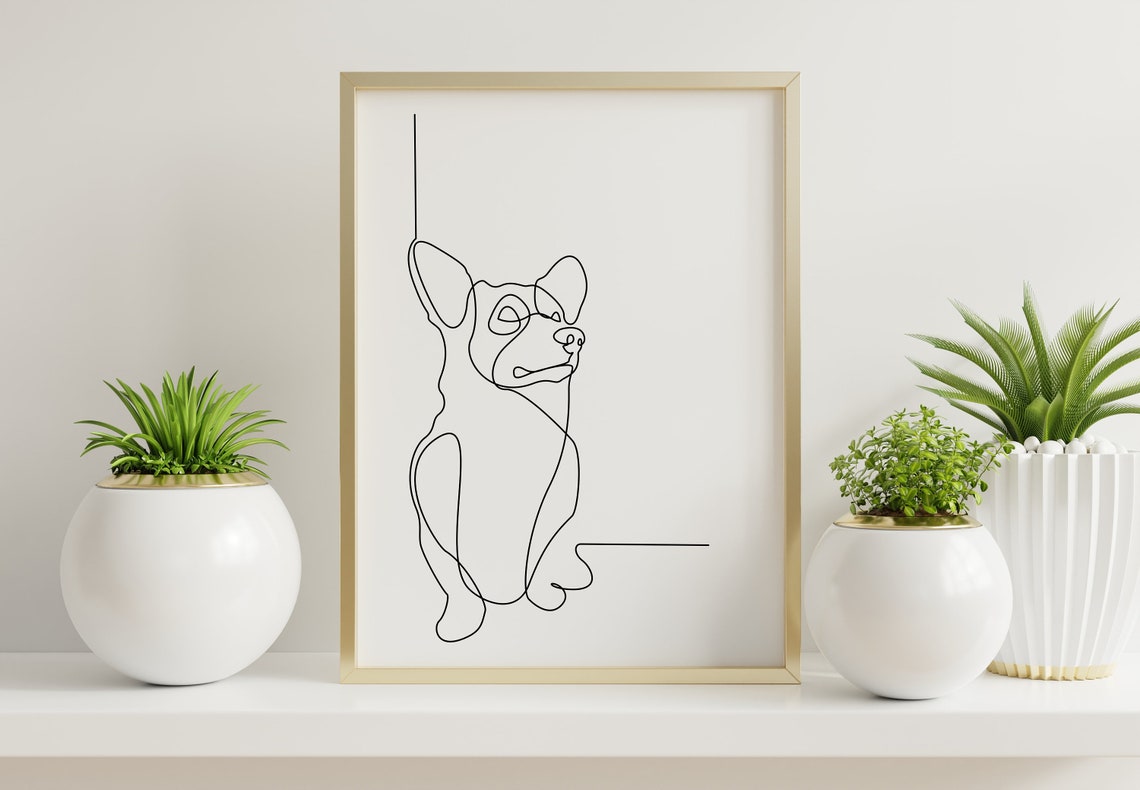 Corgi Sitting Dog Simple Continuous Line Drawing Minimalist Poster