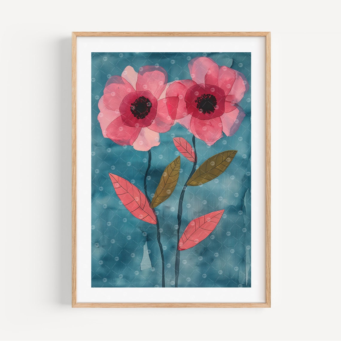 Pink Poppy Flowers Teal Background Botanical Watercolor Poster