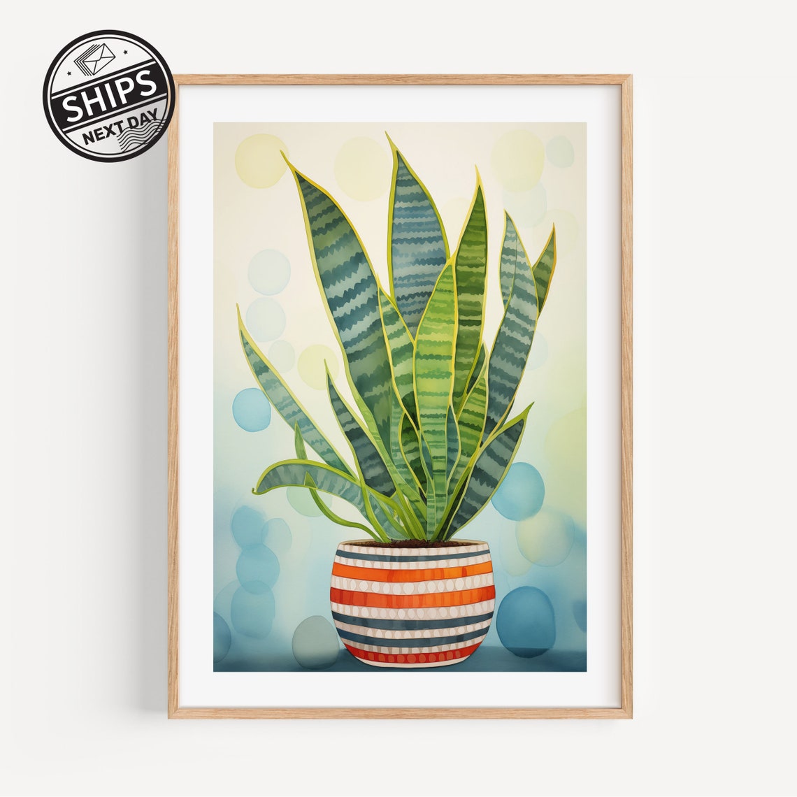 Snake Plant Watercolor Striped Orange Pot Pastel Botanical Print