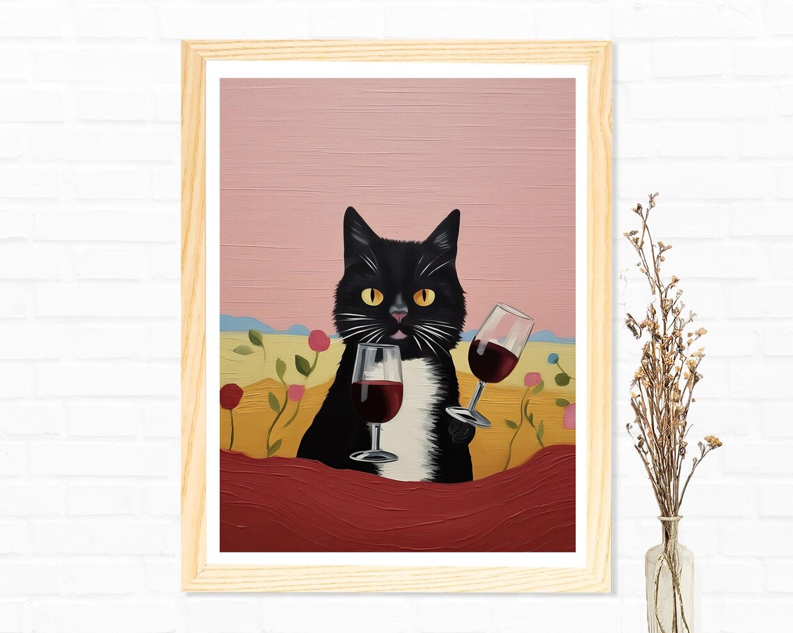 Black and White Tuxedo Cat Holding Wine Glasses Floral Art Poster