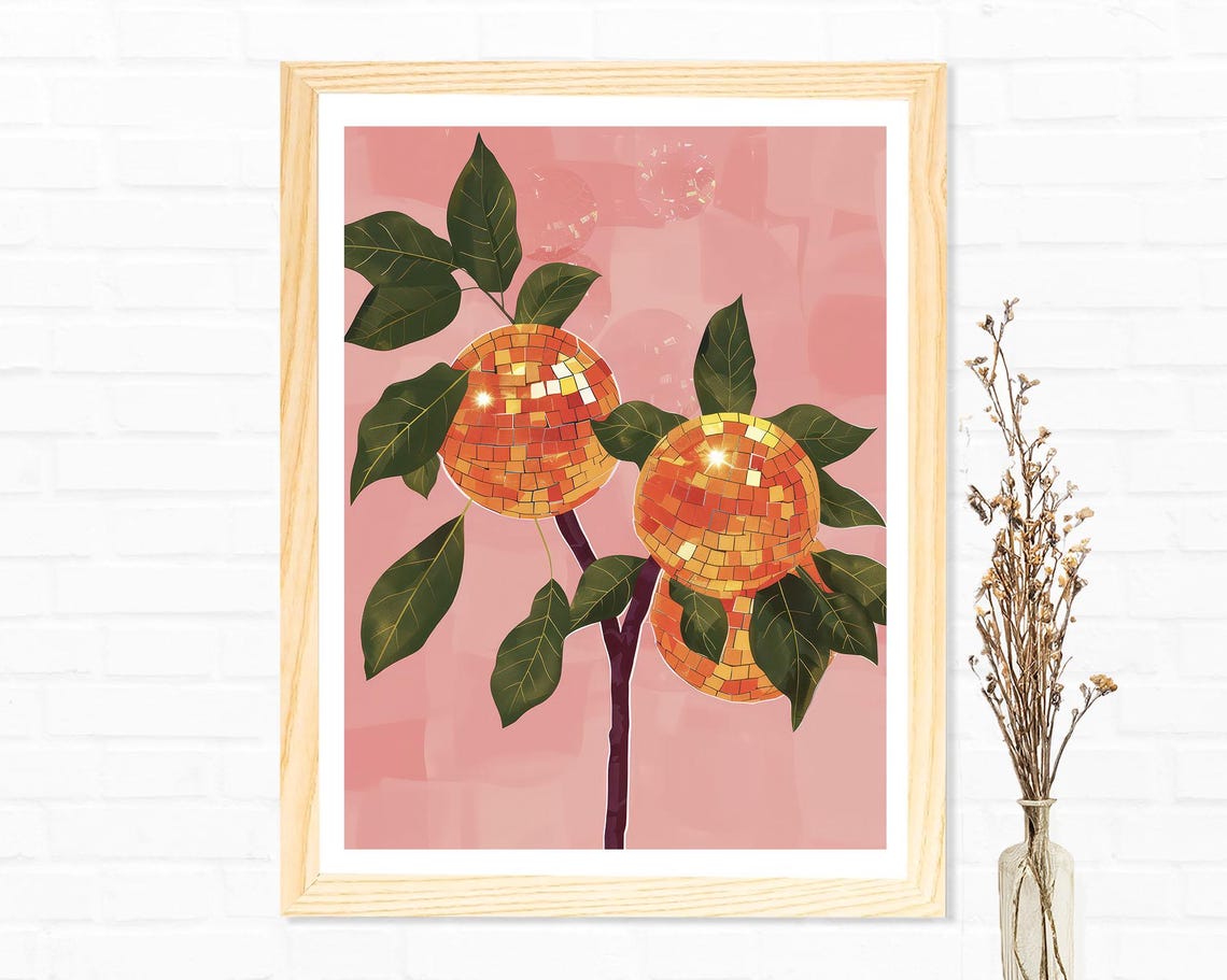 Orange Disco Ball Tree Green Oranges Wall Art Print Poster Framed Art Gift