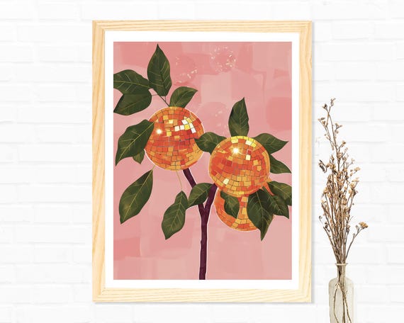 Orange Disco Ball Tree Green Oranges Wall Art Print Poster Framed Art Gift