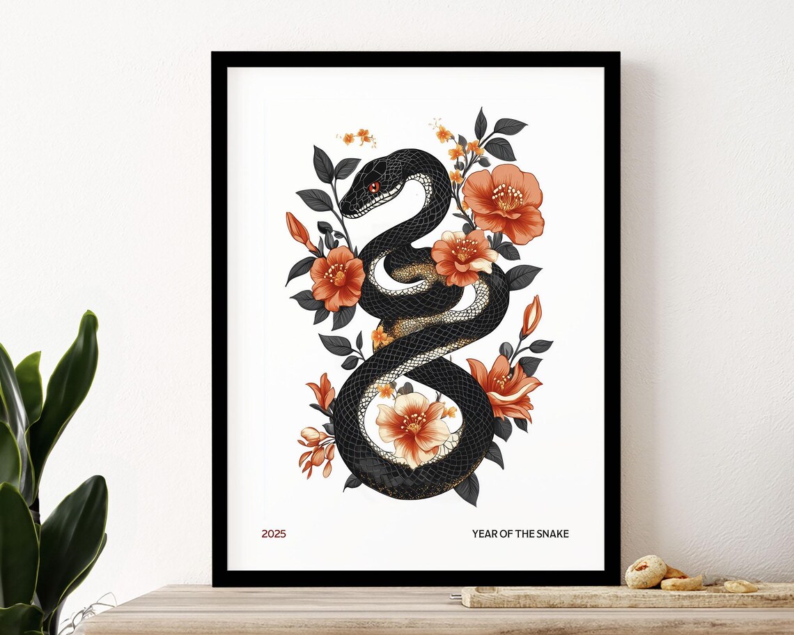 2025 Year of the Snake Black Snake Orange Floral Lunar New Year Poster