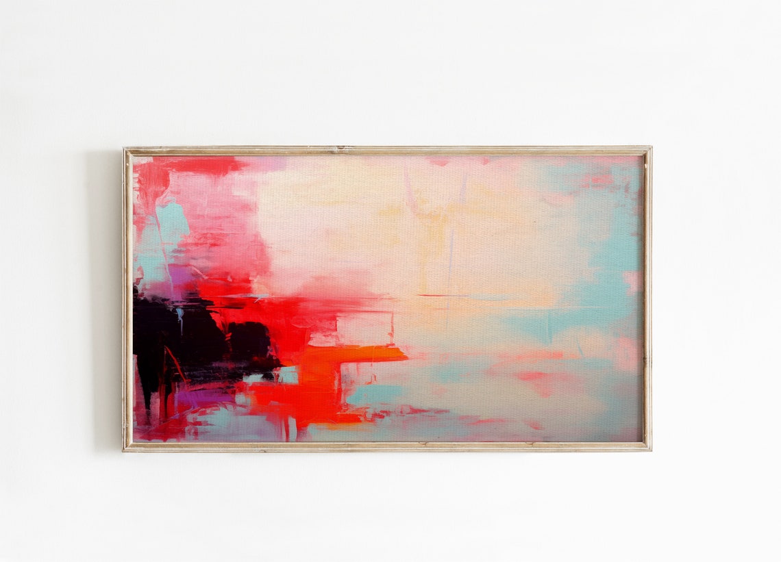 Coral Red Wash Abstract Painting With Soft Pink Horizon Art Poster