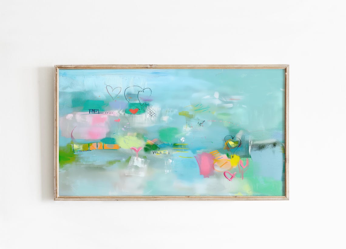Aqua Blue Abstract Painting With Heart Doodles And Pink Marks Poster