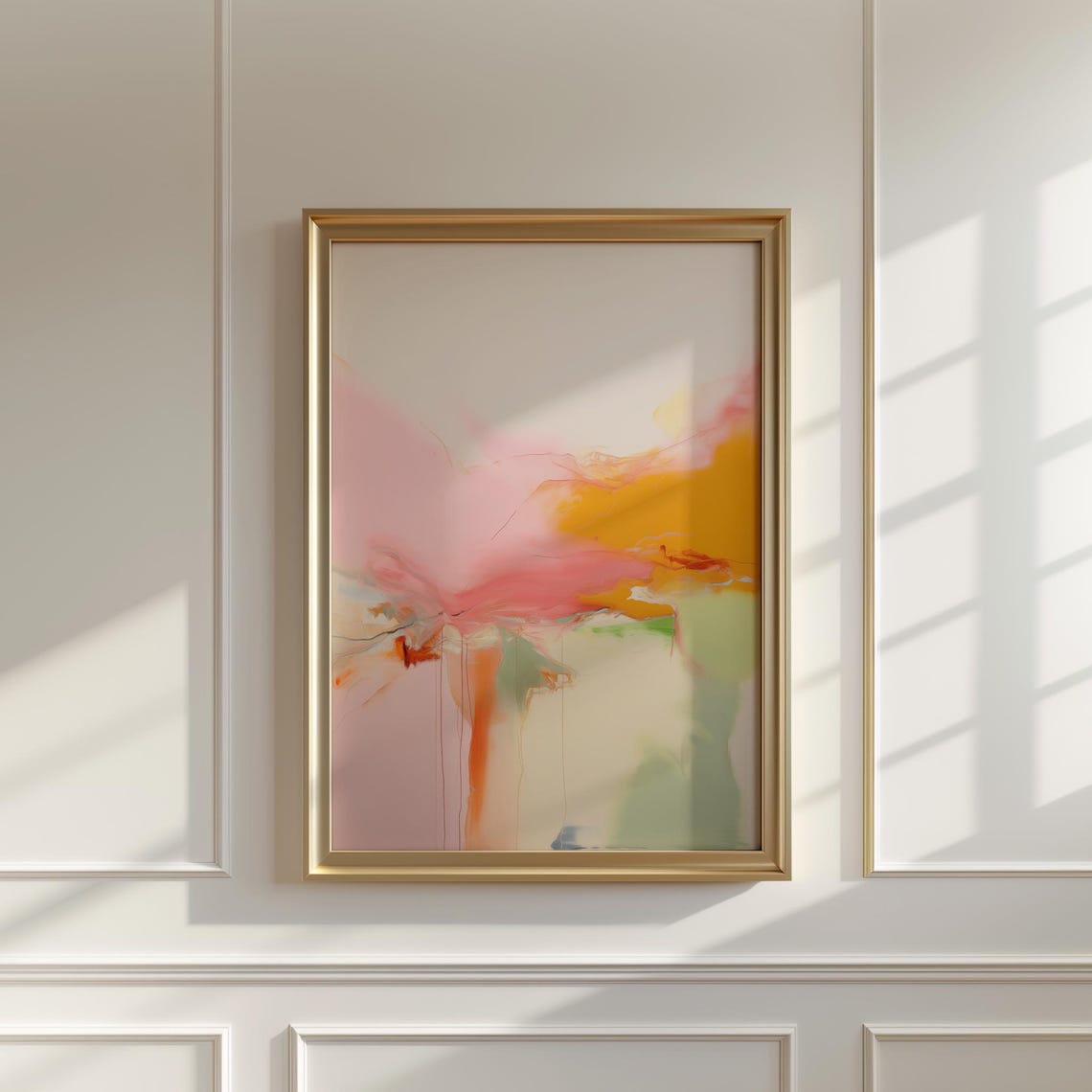 Blush Pink And Orange Watercolor Abstract Gold Frame Wall Art