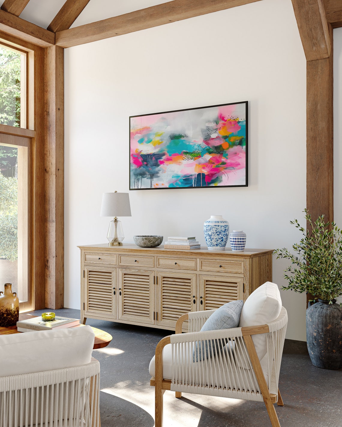 Bold Pink Teal Abstract Painting With Expressive Drips Wall Poster - Image 3