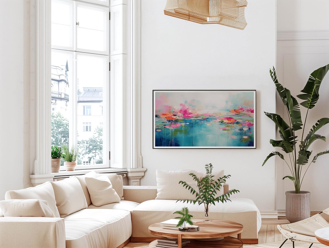 Teal Pond Abstract With Pink Blossom Clusters And Paint Drips Poster - Image 5