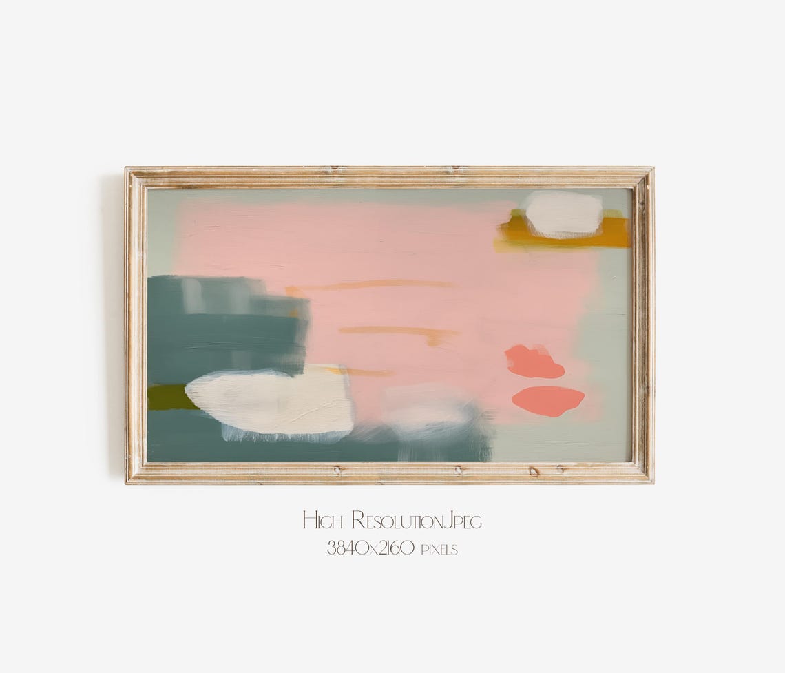 Muted Pink Sage Ochre Blocks Modern Abstract Oil Painting Wall Art - Image 4