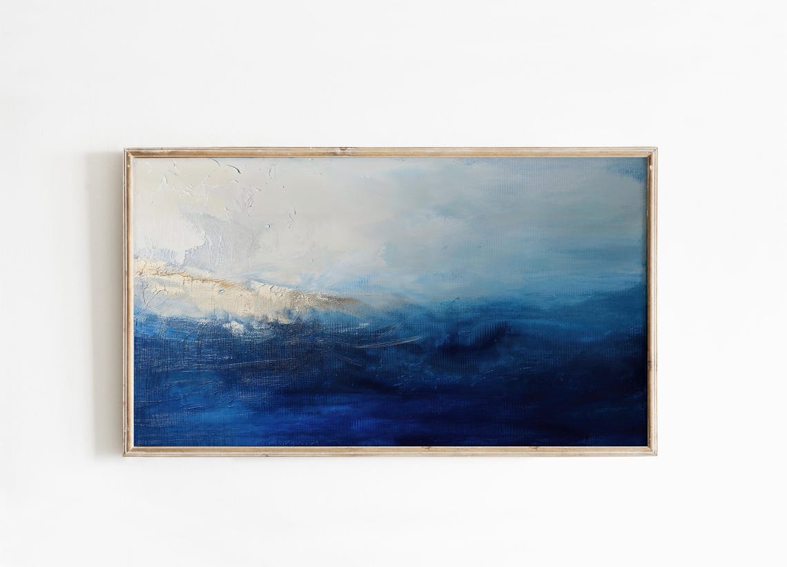 Deep Blue Abstract Ocean Waves With Soft White Horizon Band Poster