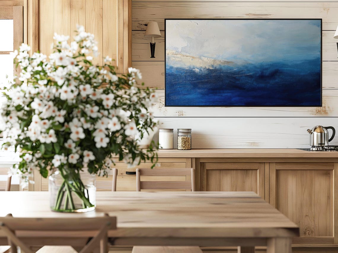 Deep Blue Abstract Ocean Waves With Soft White Horizon Band Poster - Image 3